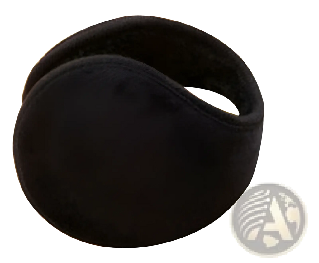 Black fleece winter earmuffs with a soft plush texture and curved design for comfortable wear