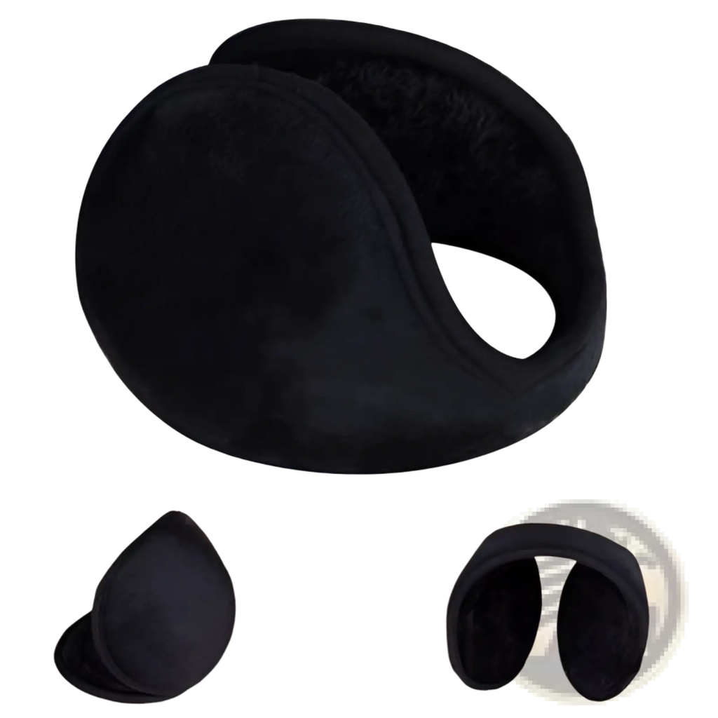 Black fleece winter earmuffs featuring black plush exterior and soft fleece-lined interior for cold weather use