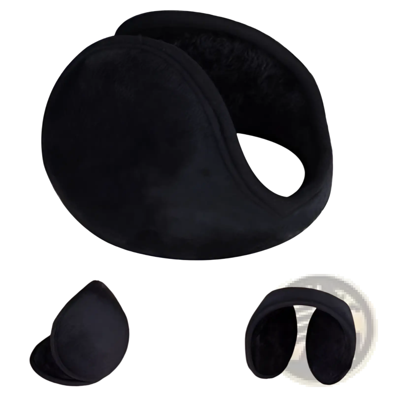 Black fleece winter earmuffs featuring black plush exterior and soft fleece-lined interior for cold weather use