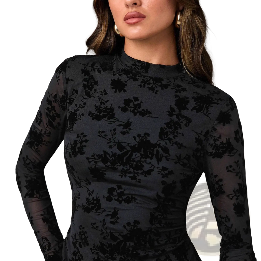 Black flocking floral velvet sheath mini dress with long sleeves and high neckline in black floral lace design