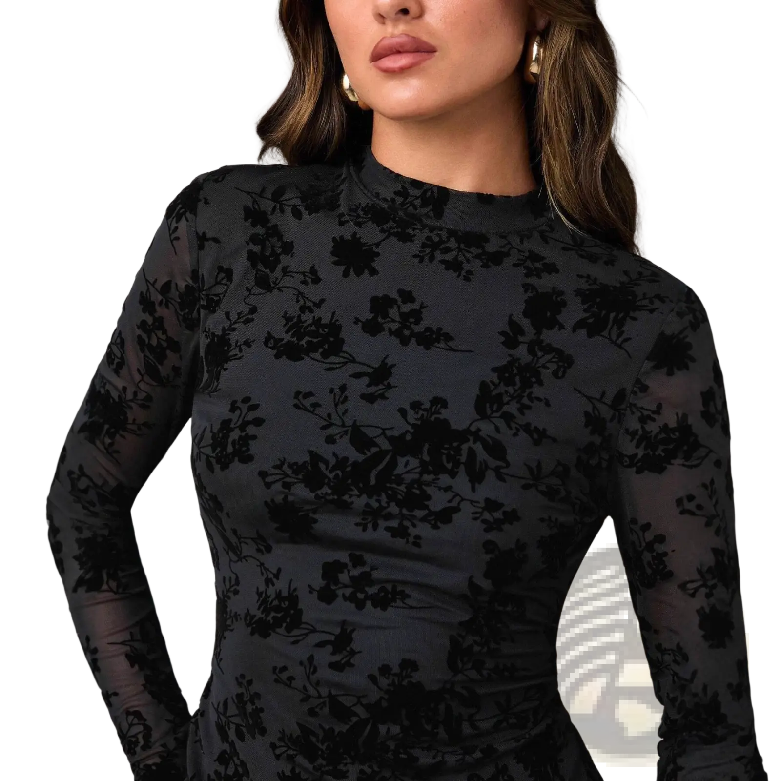 Black flocking floral velvet sheath mini dress with long sleeves and high neckline in black floral lace design