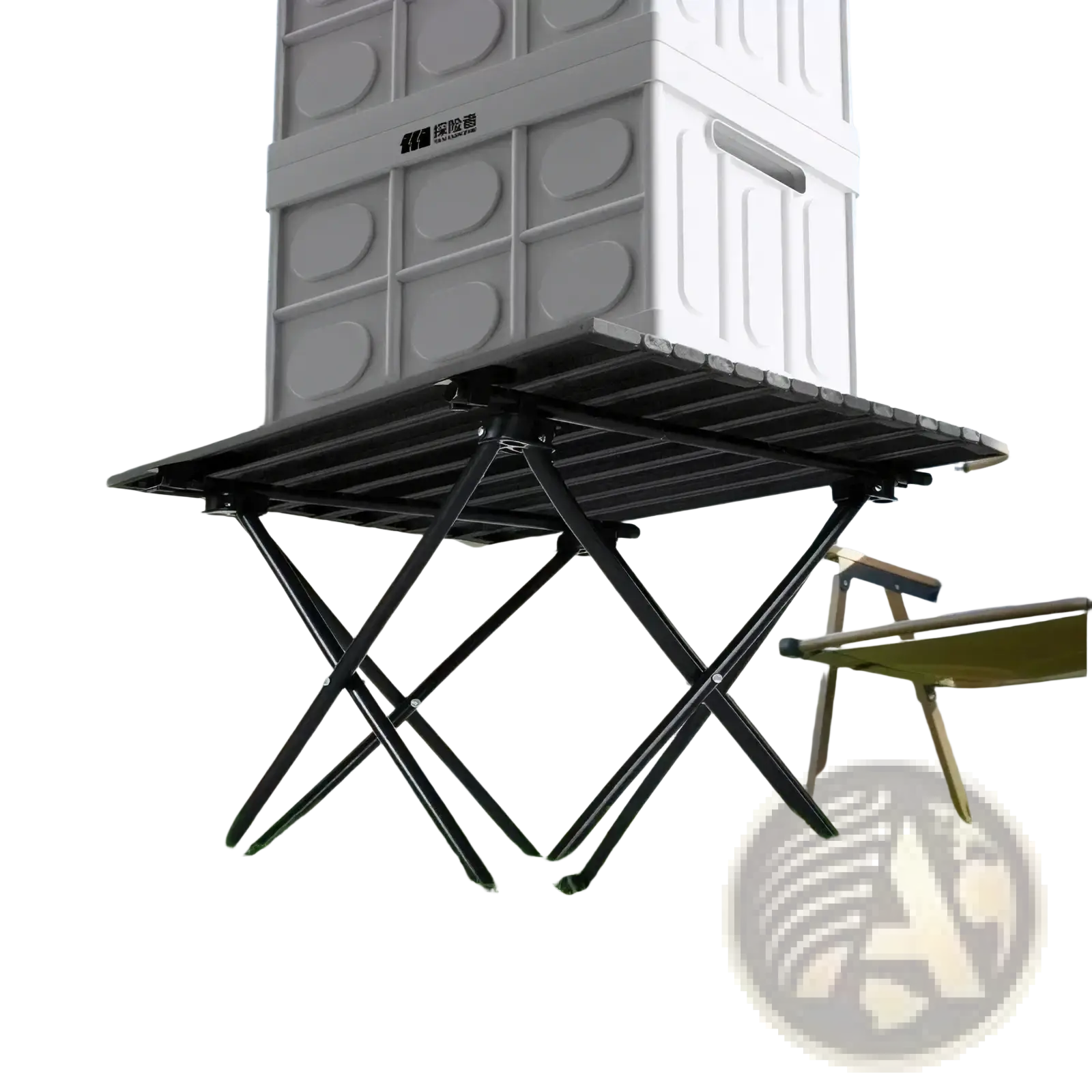 Black foldable outdoor camping table with a slatted surface and x-shaped legs for portable use