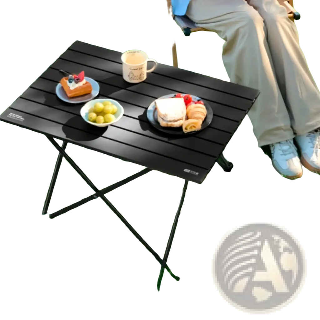 Black foldable outdoor camping table with slatted surface and metal legs for portable use