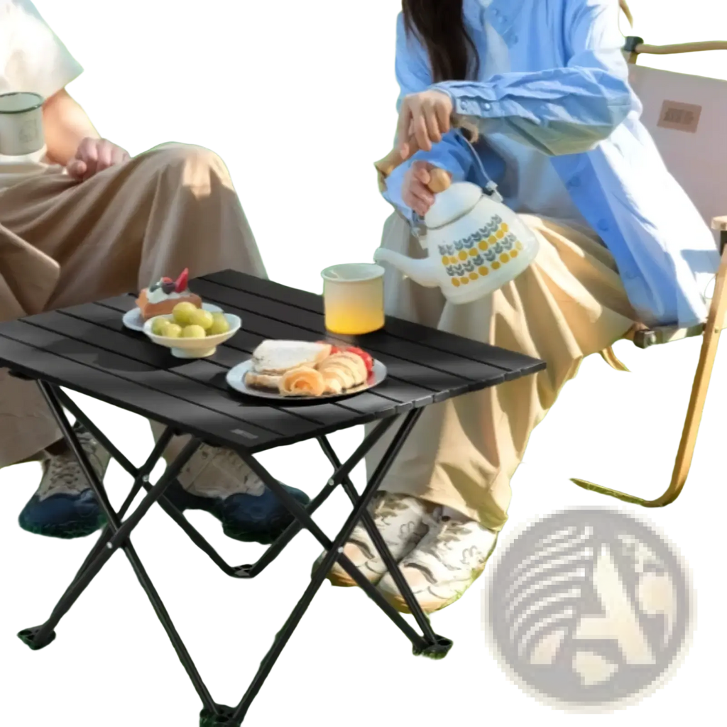Black foldable outdoor camping table with sleek minimalist design and sturdy metal legs for portable use