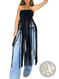 Black fringe strapless bandeau top featuring long flowing tassels and a sleek fitted design