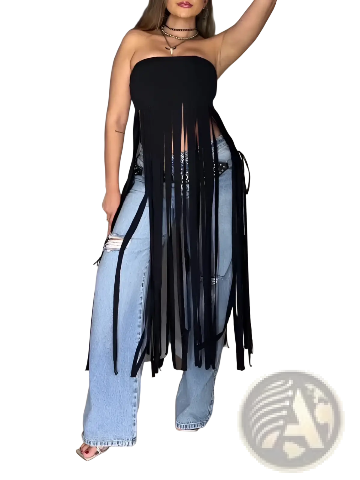 Black fringe strapless bandeau top featuring long flowing tassels in a sleek black fabric design
