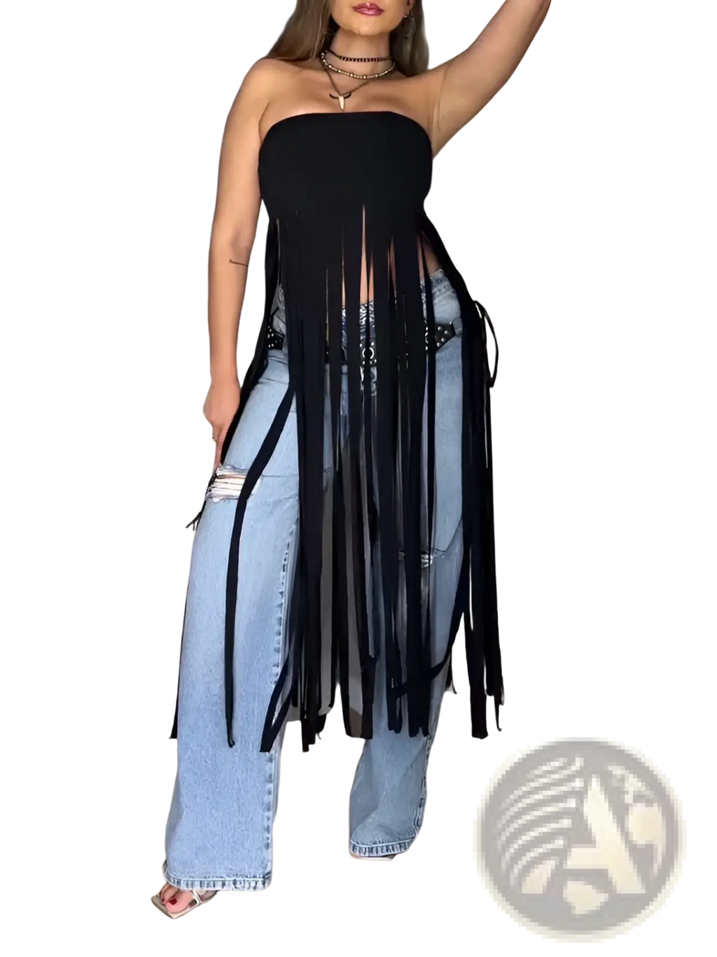 Black fringe strapless bandeau top featuring long flowing tassels for stylish and elegant wear