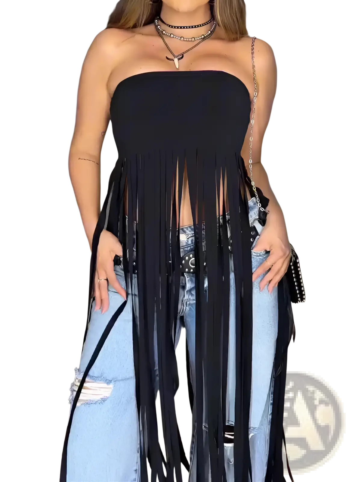 Black fringe strapless bandeau top with a fitted bodice and long flowing black tassels cascading down the front