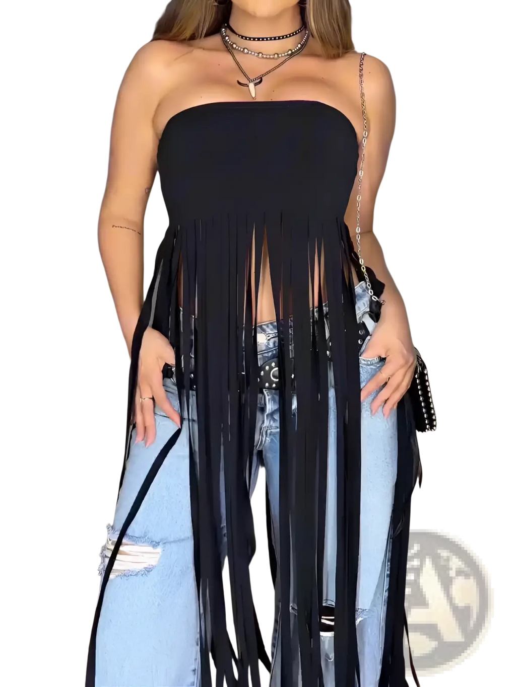 Black fringe strapless bandeau top featuring a fitted bodice with long flowing black tassels cascading down the front