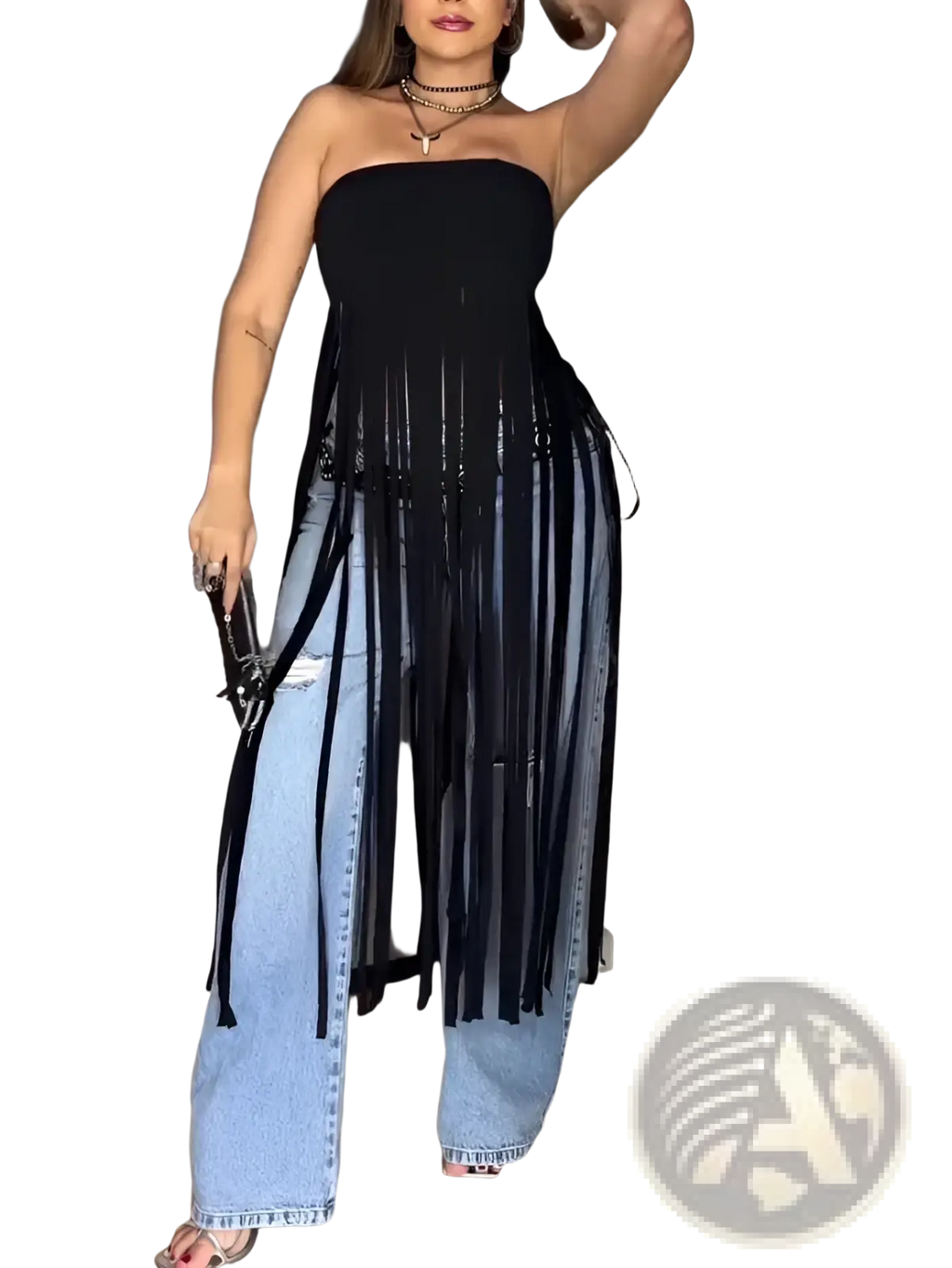 Black fringe strapless bandeau top with flowing layered design paired with light blue wide-leg jeans front view