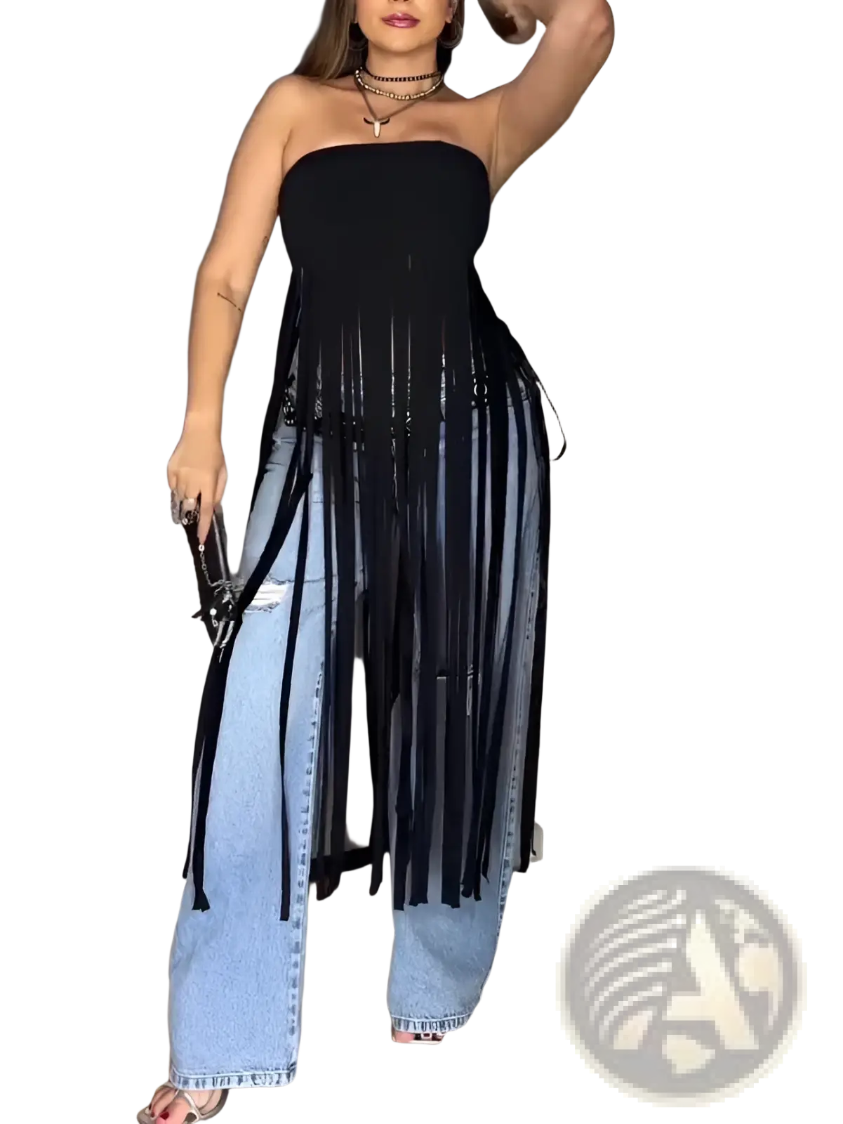 Black fringe strapless bandeau top with flowing layered design paired with light blue wide-leg jeans front view