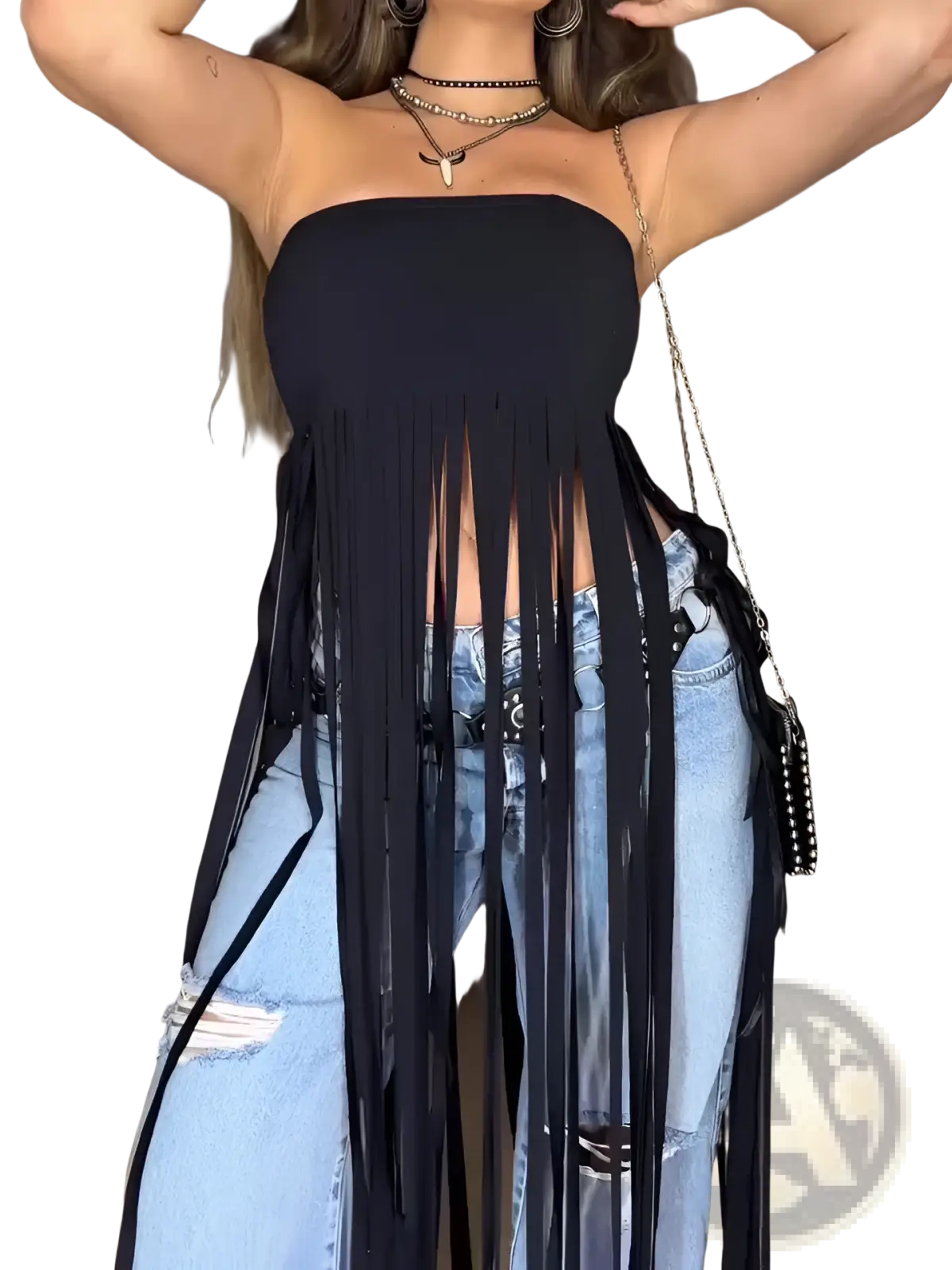 Black fringe strapless bandeau top with a flowing layered design in soft fabric for stylish evening wear