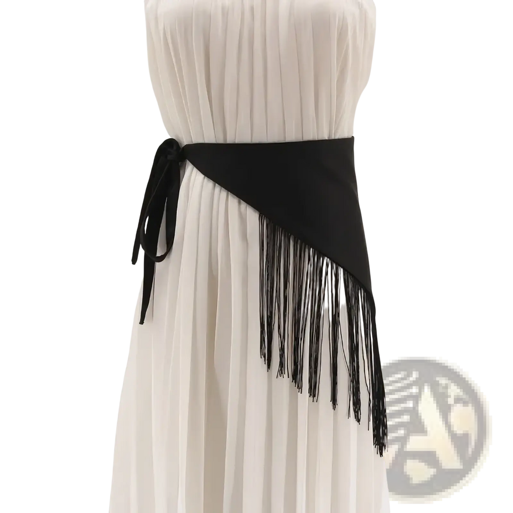 Black fringe waist belt with satin ribbon tie featuring delicate fringed detail and adjustable closure