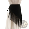 Black fringe waist belt with ribbon tie featuring a sleek solid fabric body and cascading tassels