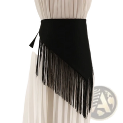 Black fringe waist belt with ribbon tie featuring a sleek solid fabric body and cascading tassels