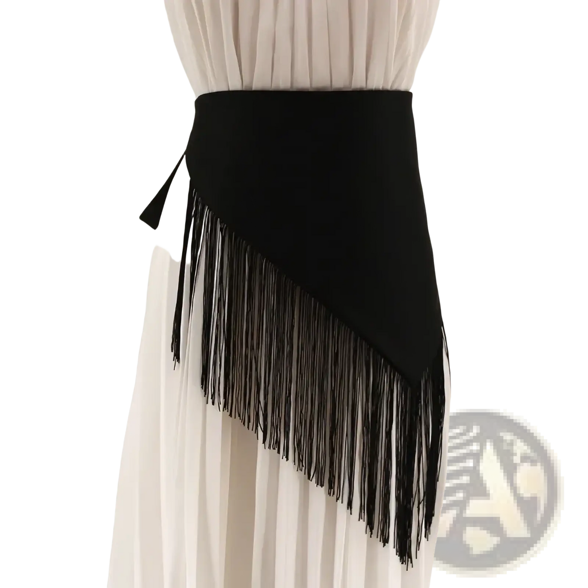Black fringe waist belt with ribbon tie featuring a sleek solid fabric body and cascading tassels