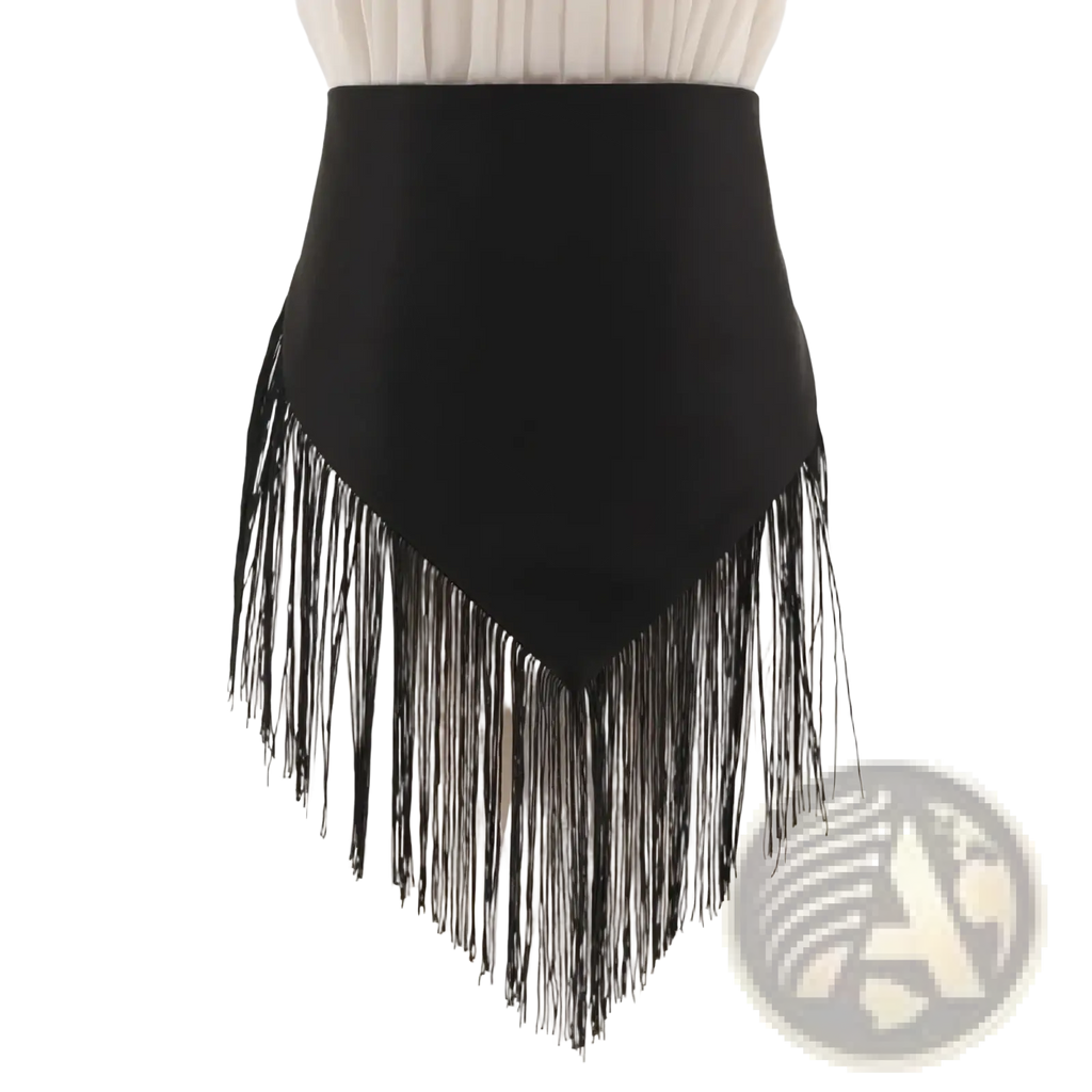 Black fringe waist belt with ribbon tie featuring sleek high-waisted design and long flowing tassel fringes