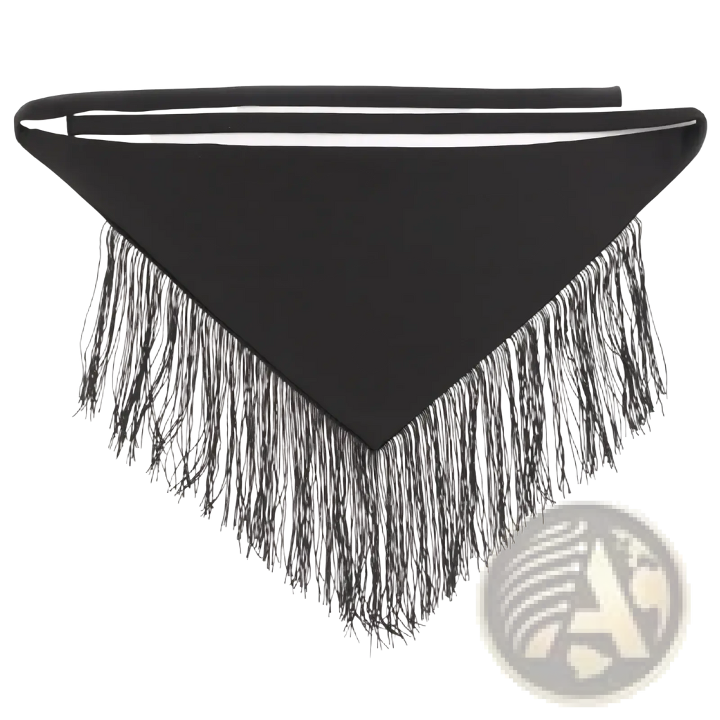 Black fringe waist belt with ribbon tie featuring a black triangular scarf with long flowing fringe