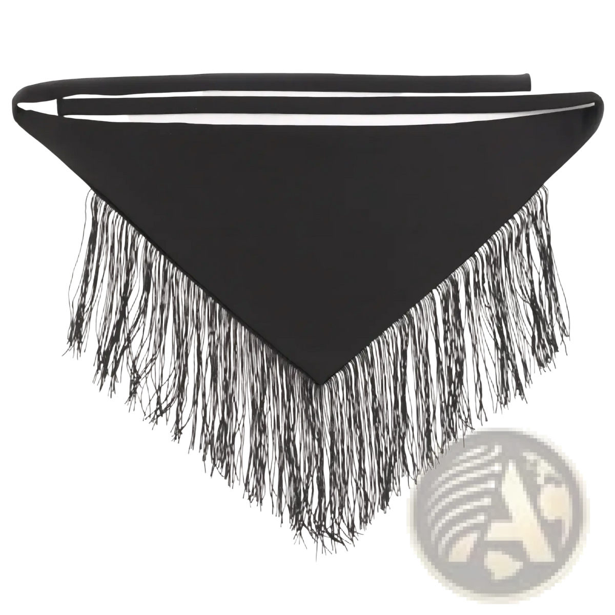 Black fringe waist belt with ribbon tie featuring a black triangular scarf with long flowing fringe