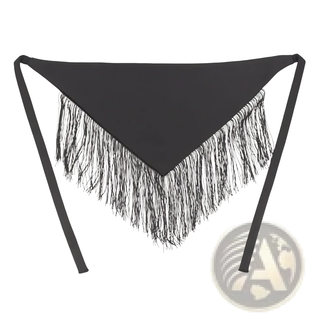 Black fringe waist belt with ribbon tie featuring a black triangular scarf design with long flowing fringe and adjustable ties