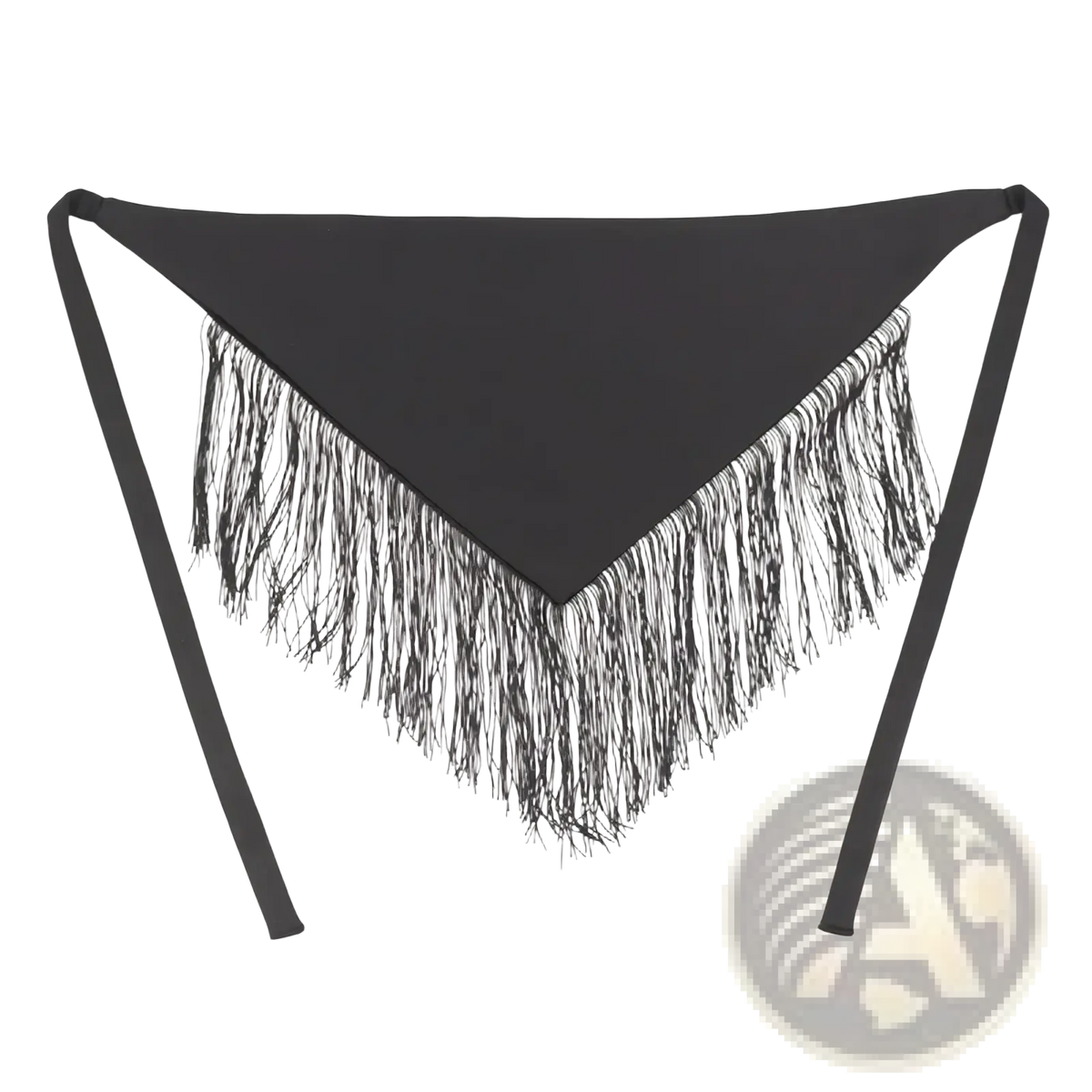 Black fringe waist belt with ribbon tie featuring a black triangular scarf design with long flowing fringe and adjustable ties