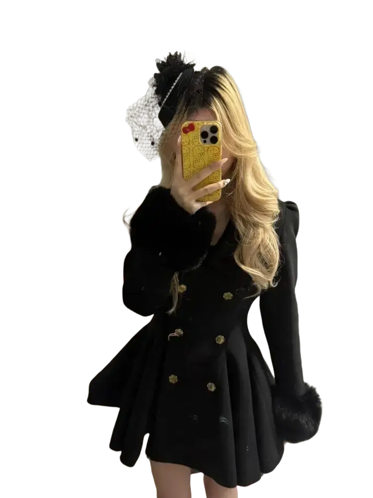 Black fur collar woolen coat for women with gold buttons and fur-trimmed sleeves slim winter outerwear