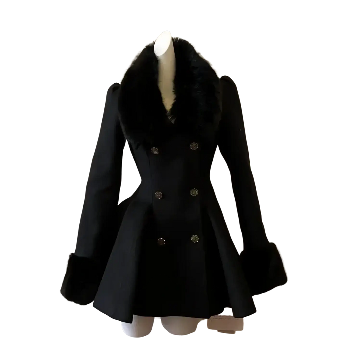 Black double-breasted woolen coat for women with plush fur collar and cuffs featuring decorative buttons winter slim fit