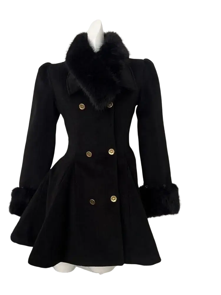 Black double-breasted woolen coat for women with gold buttons and plush fur collar and cuffs for winter wear
