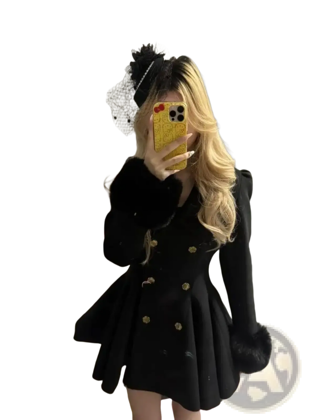 Black fur collar woolen coat for women with gold buttons and fur-trimmed sleeves slim winter outerwear