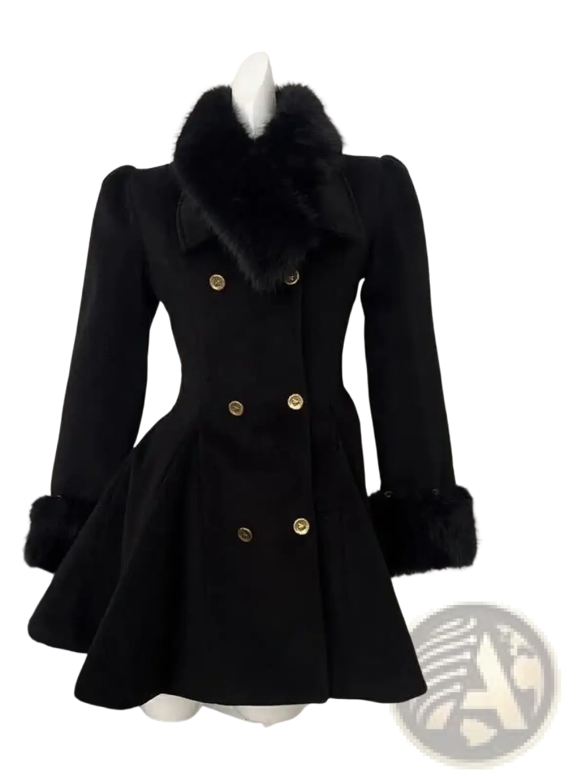 Black double-breasted woolen coat for women with gold buttons and plush fur collar and cuffs for winter wear