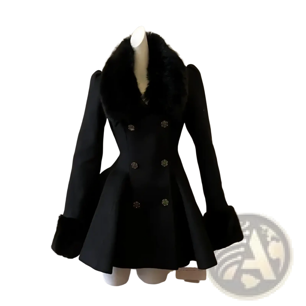 Black double-breasted woolen coat for women with plush fur collar and cuffs featuring decorative buttons winter slim fit