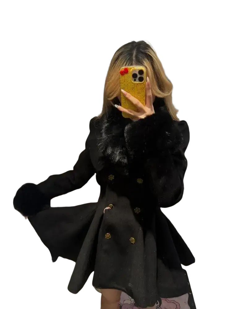 Black fur collar woolen coat for women featuring slim fit gold buttons and fur trim for winter wear