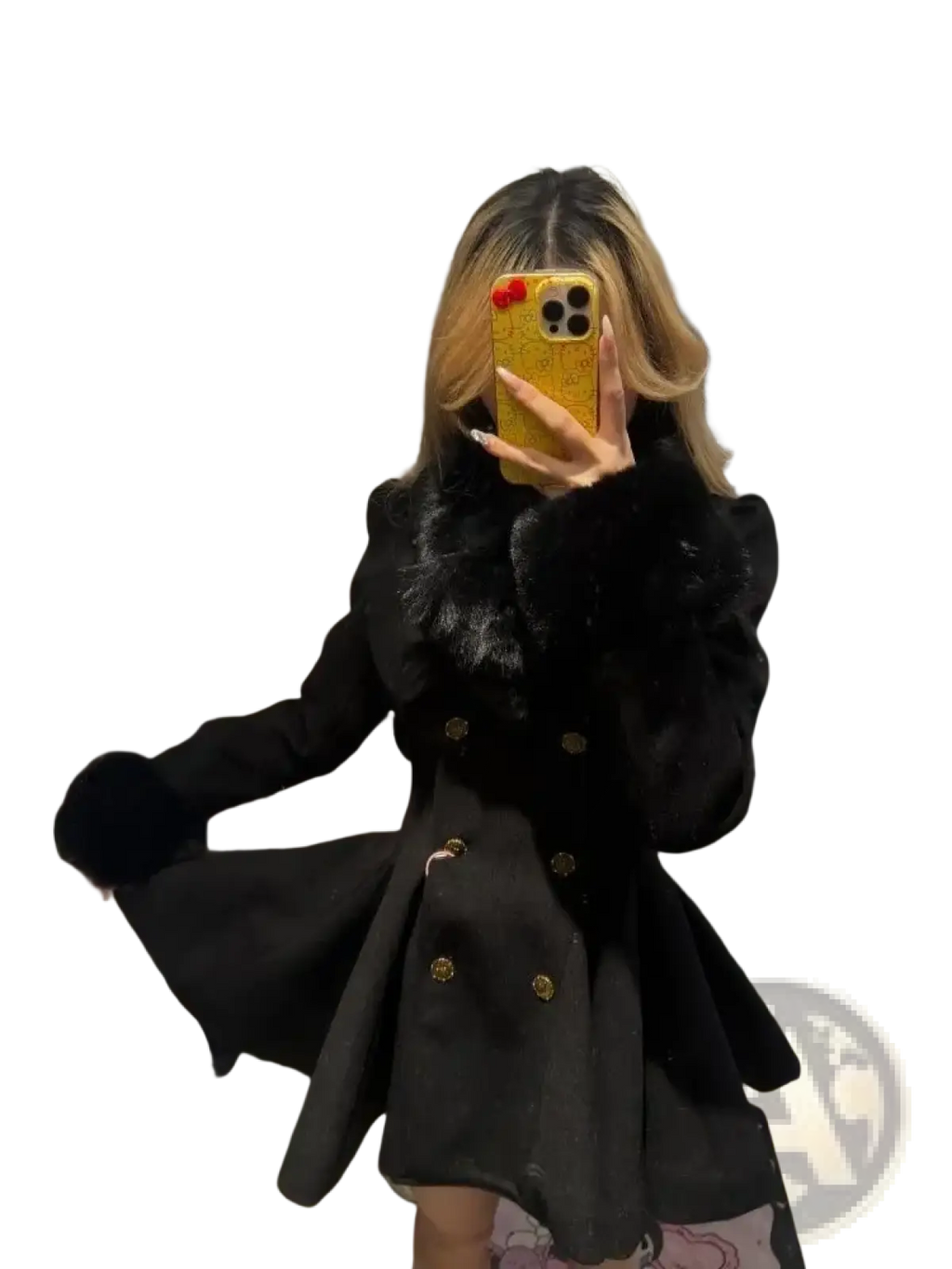 Black fur collar woolen coat for women featuring slim fit gold buttons and fur trim for winter wear