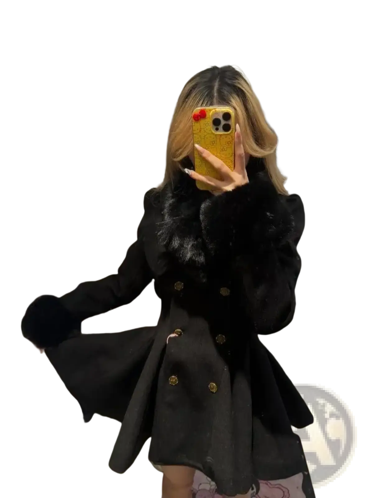 Black fur collar woolen coat for women featuring slim fit gold buttons and fur trim for winter wear