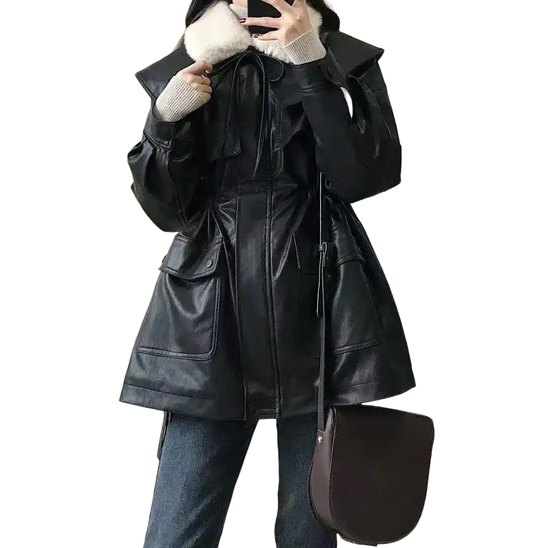 Black furs collar pu leather biker jacket featuring a black faux leather coat with plush white fur-lined collar and pockets