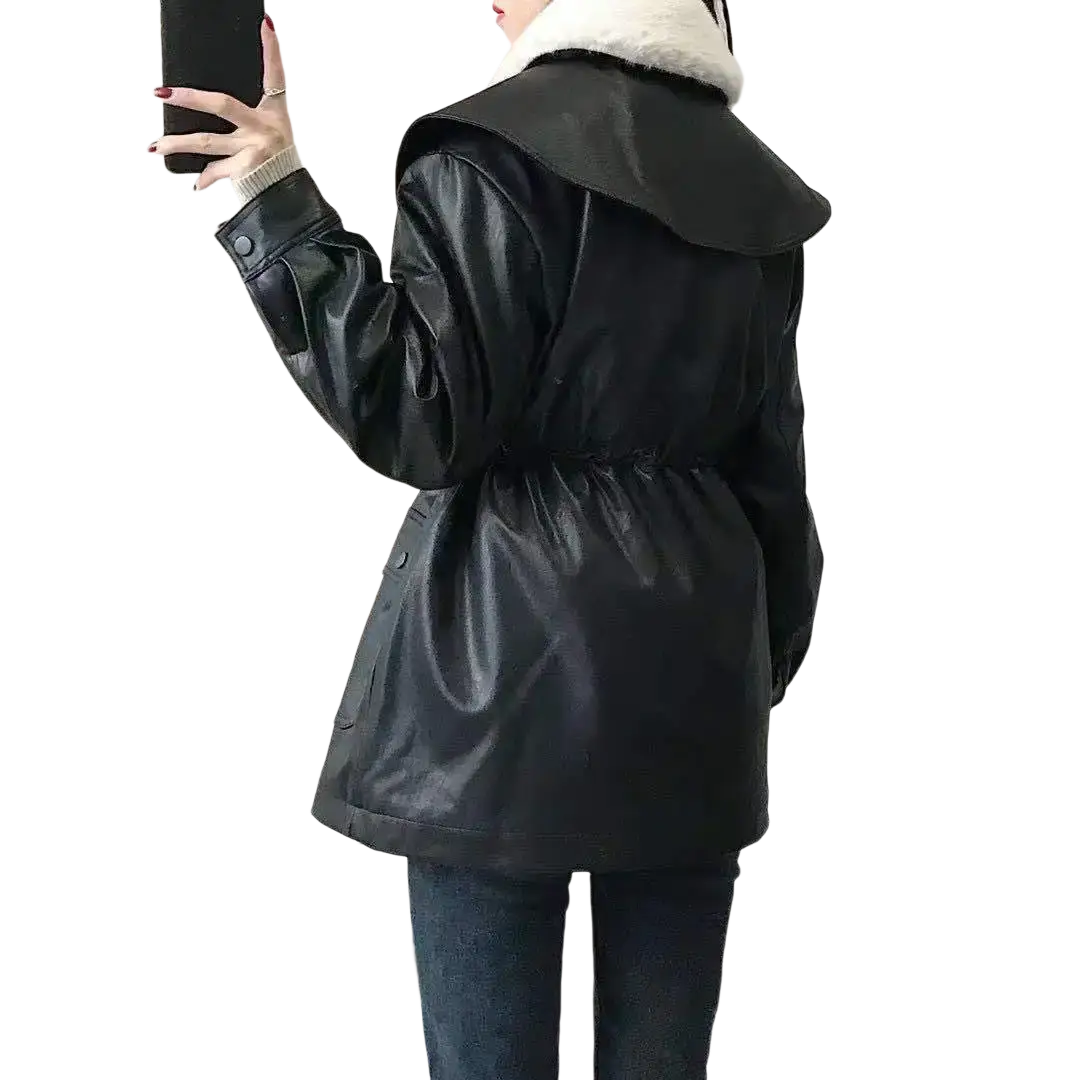 Black furs collar pu leather biker jacket featuring a black faux leather coat with a plush white fur-lined collar