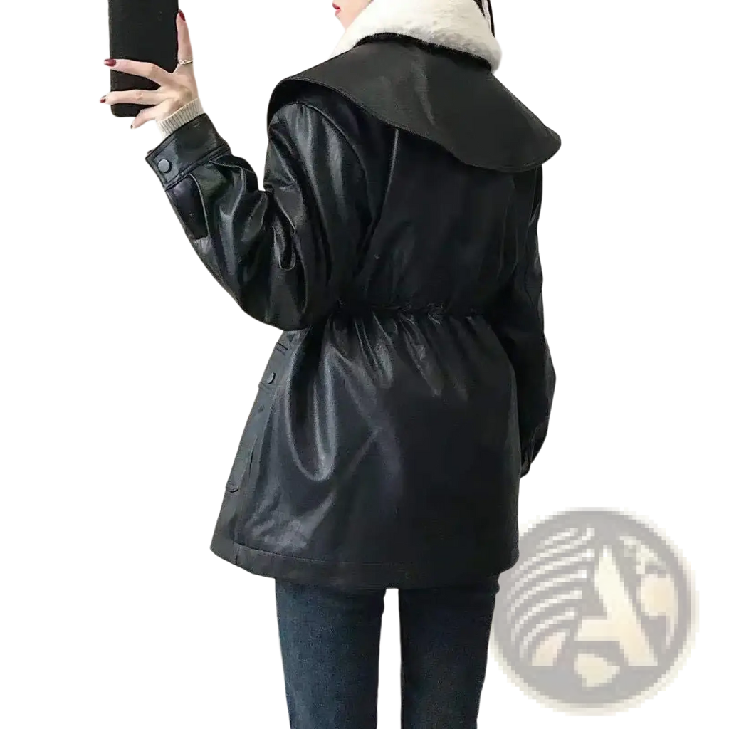 Black furs collar pu leather biker jacket featuring a black faux leather coat with a plush white fur-lined collar