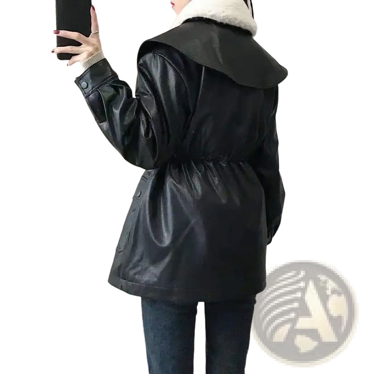 Black furs collar pu leather biker jacket featuring a black faux leather coat with a plush white fur-lined collar