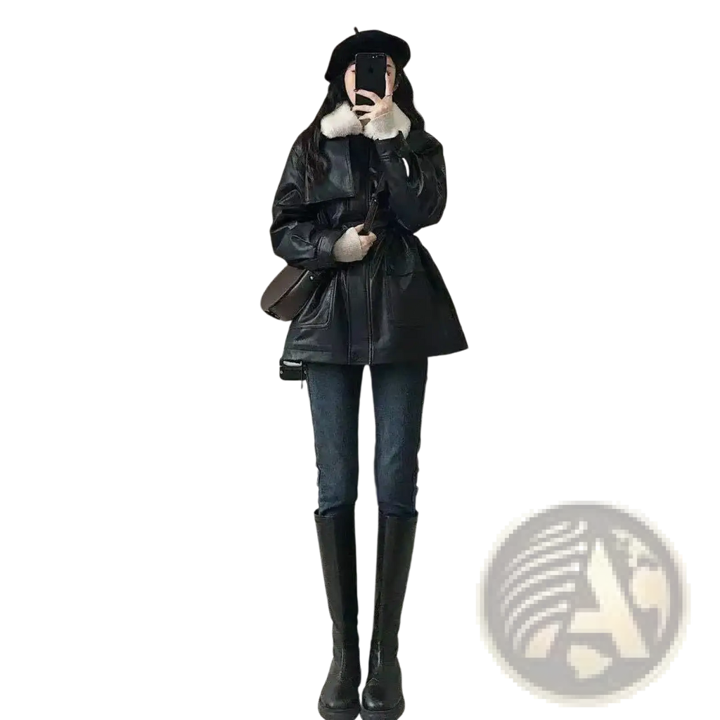 Black faux leather biker jacket with fur-lined collar and front pockets ideal for stylish outerwear