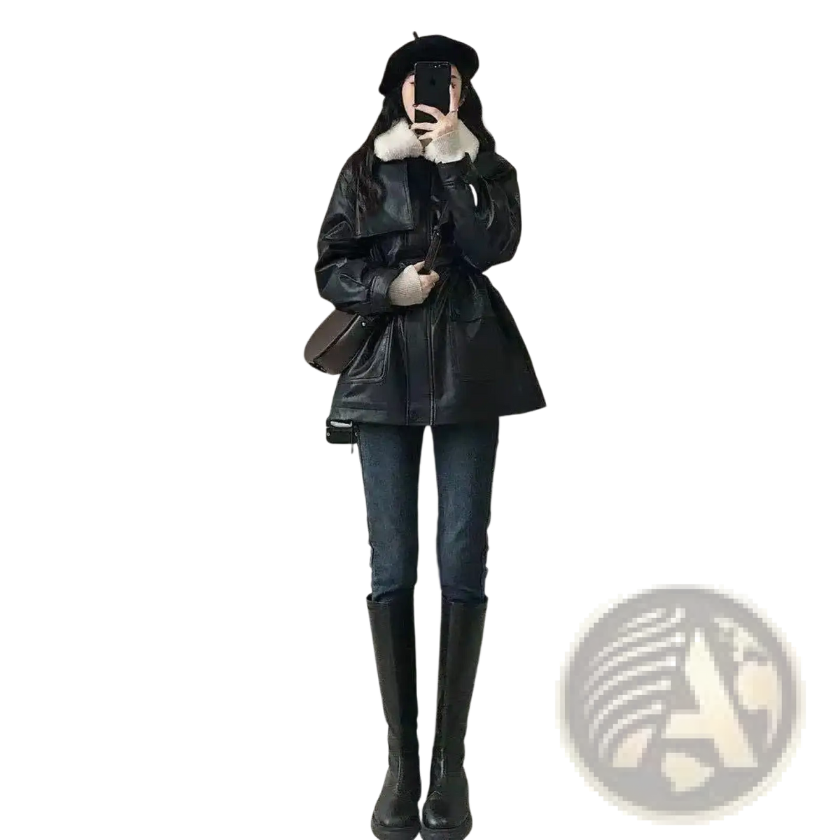Black faux leather biker jacket with fur-lined collar and front pockets ideal for stylish outerwear