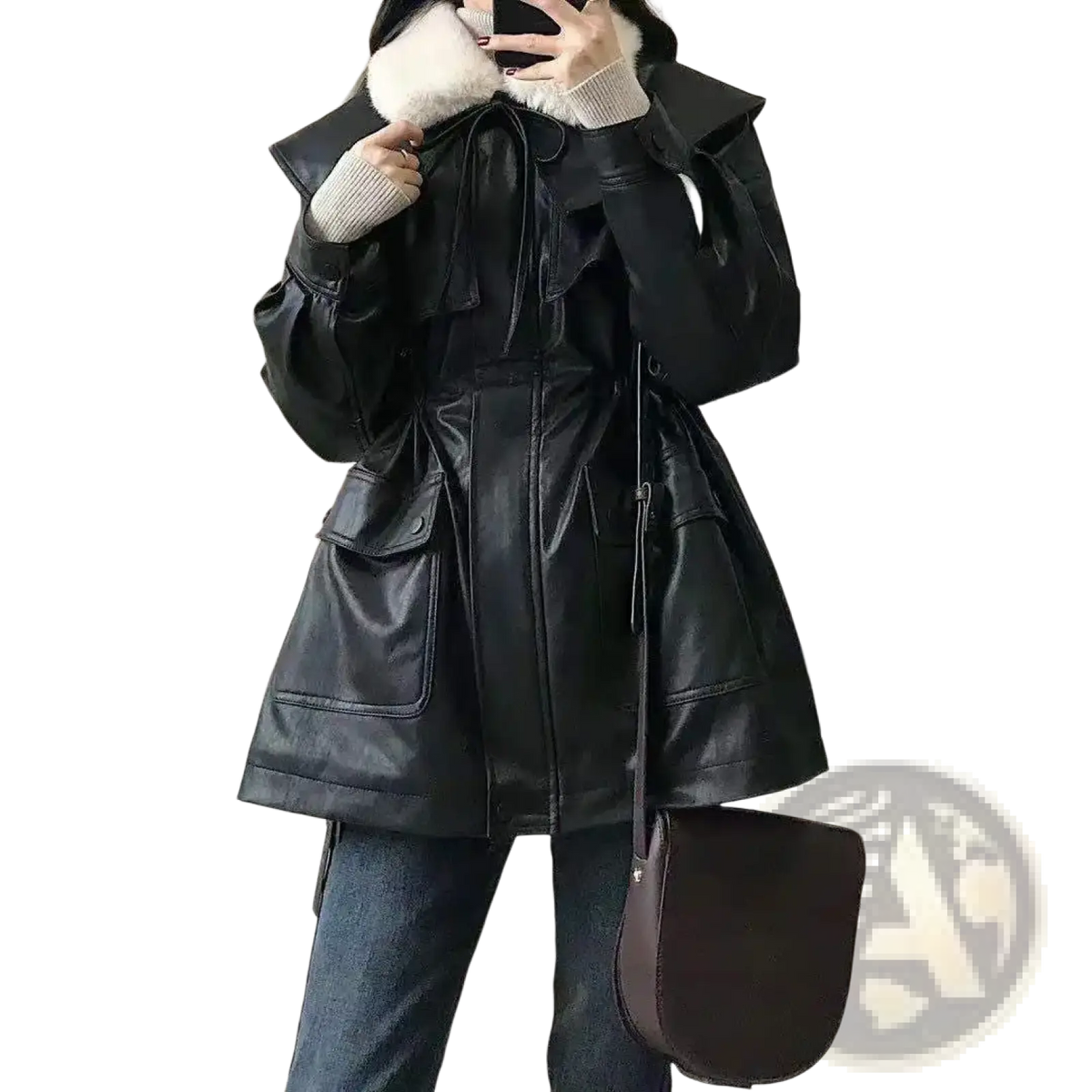 Black furs collar pu leather biker jacket featuring a black faux leather coat with plush white fur-lined collar and pockets