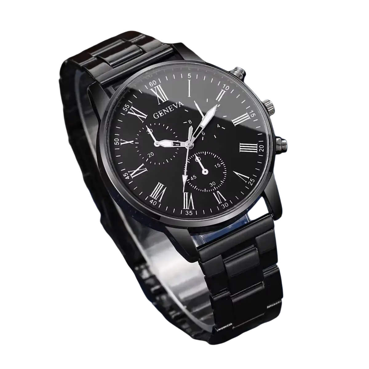 Black geneva quartz chronograph watch with roman numeral dial and sleek stainless steel metal bracelet