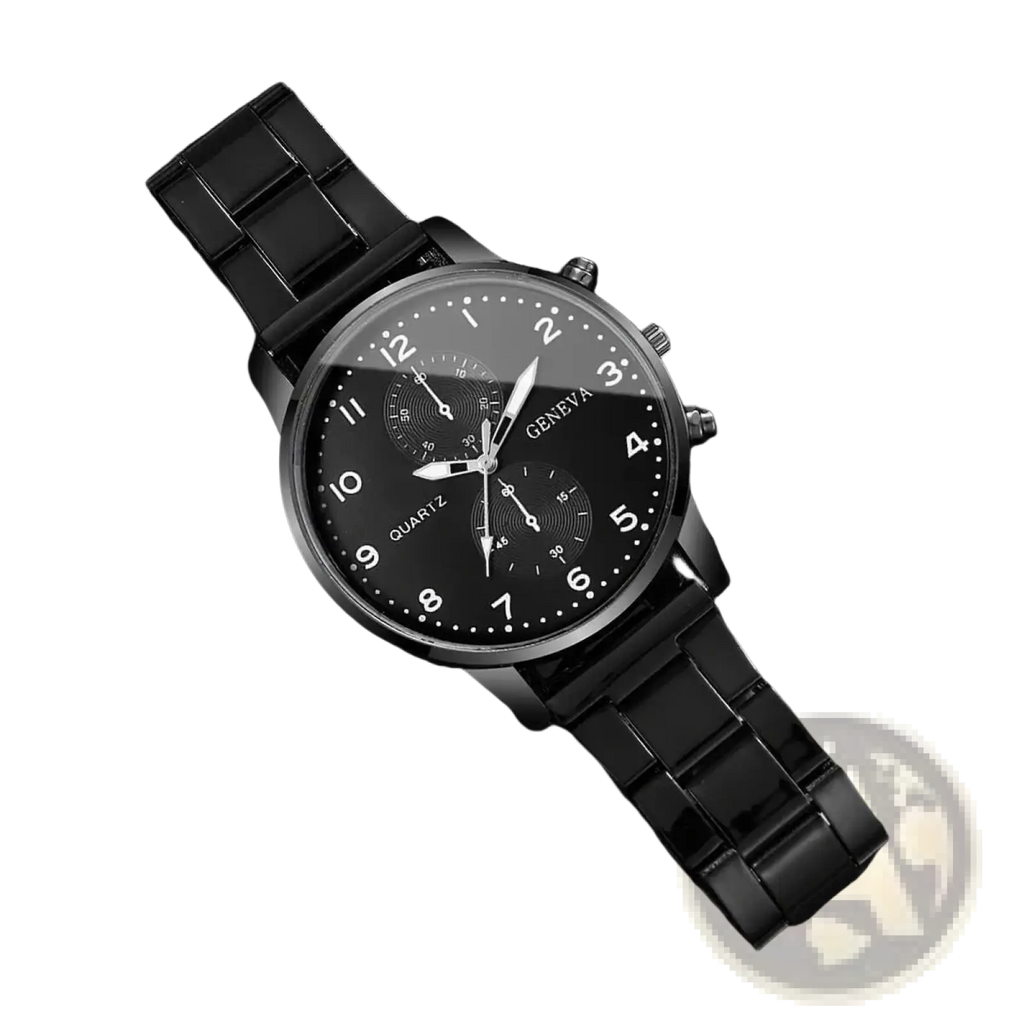 Black Geneva quartz chronograph watch with sleek metallic stainless steel bracelet and minimalist dial design
