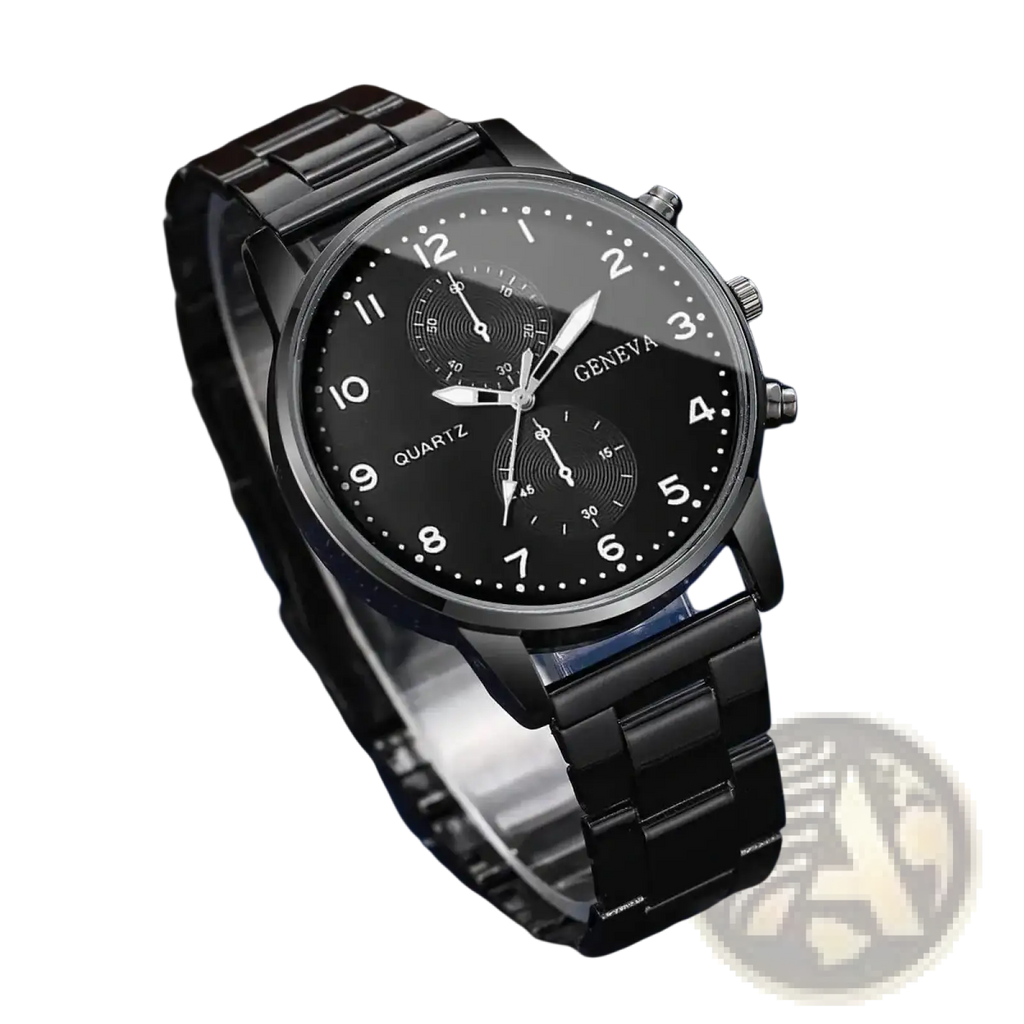 Black Geneva quartz chronograph watch with a sleek metal bracelet and dual subdials in stainless steel