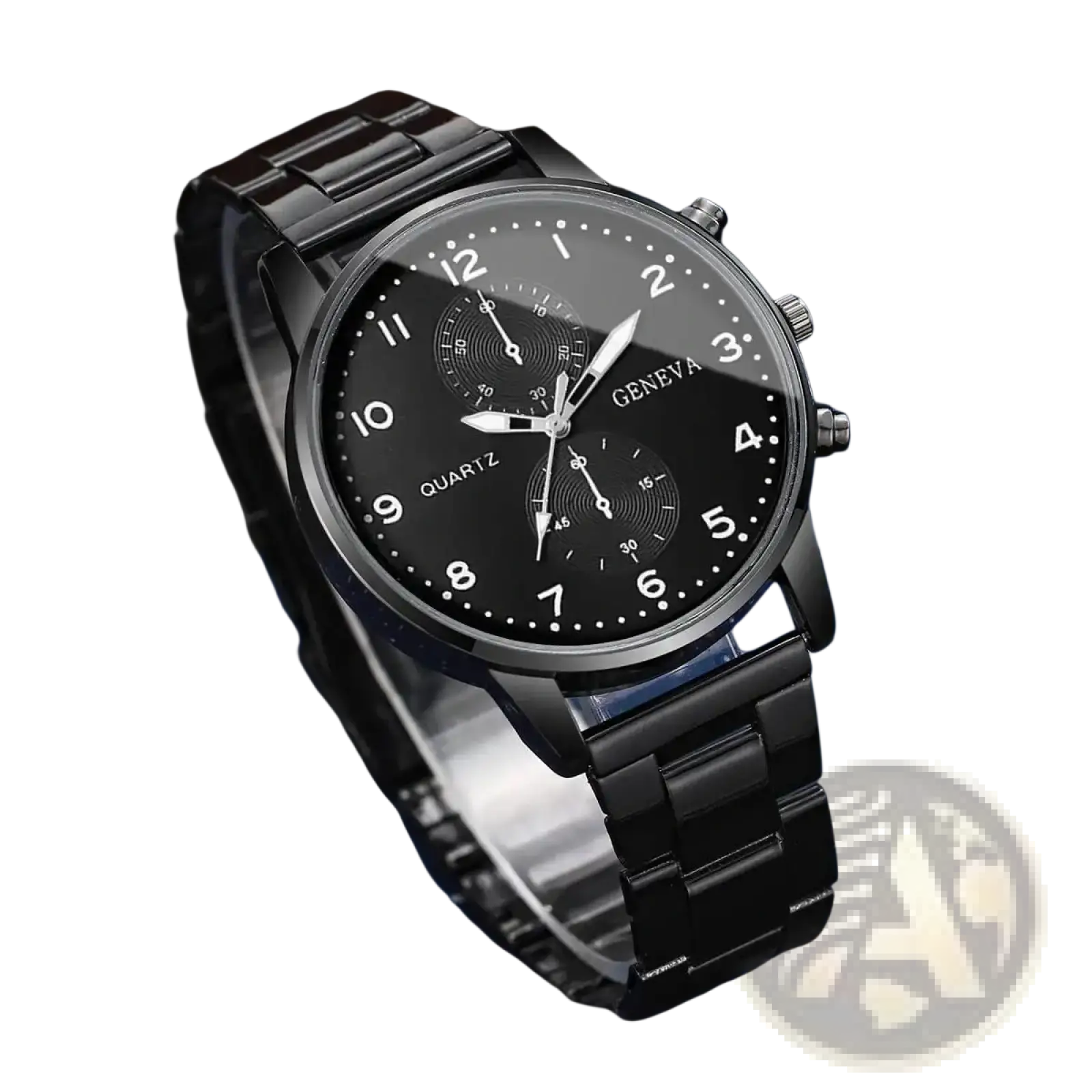 Black Geneva quartz chronograph watch with a sleek metal bracelet and dual subdials in stainless steel