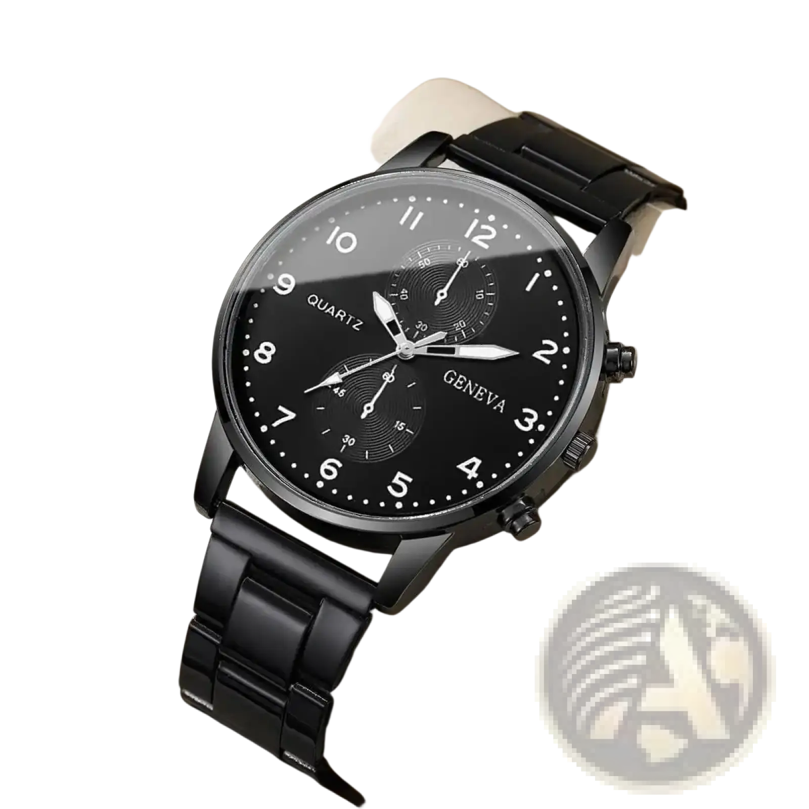 Black geneva quartz watch stainless steel chronograph with black dial white hour markers and minimalist design