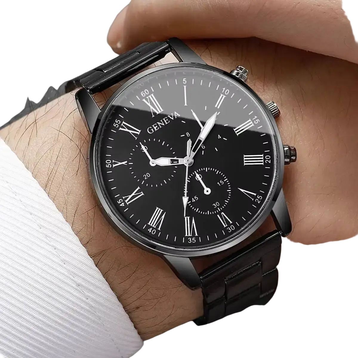 Black geneva quartz chronograph watch with sleek metal bracelet and roman numeral dial in stainless steel