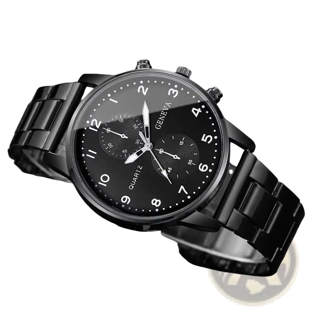 Black Geneva quartz chronograph watch with sleek stainless steel metal bracelet and bold white numerals