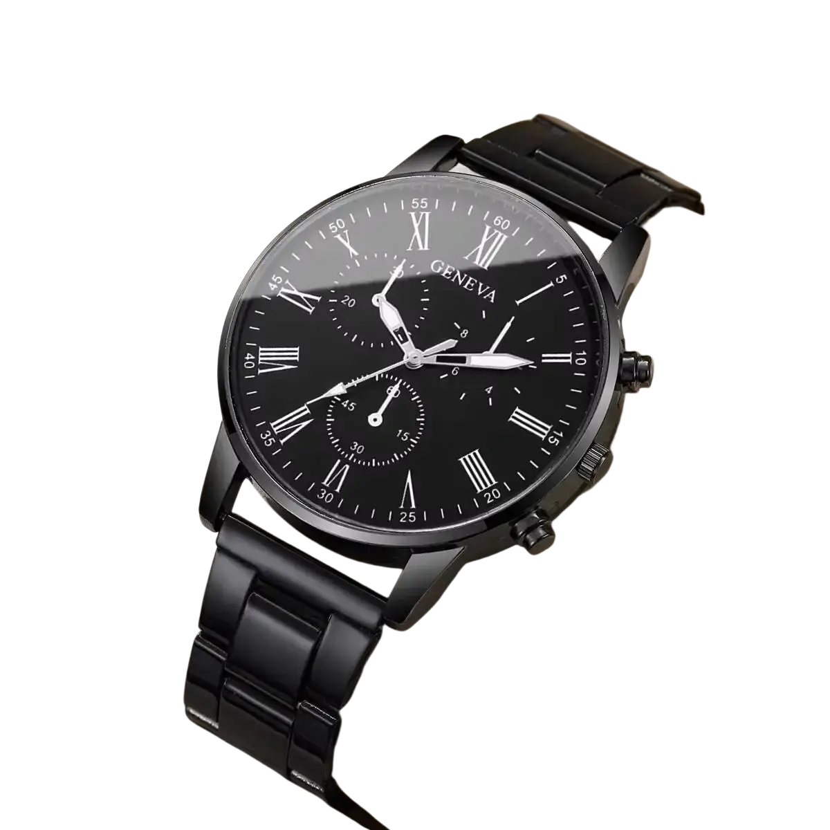 Black Geneva quartz chronograph watch with roman numeral dial and sleek stainless steel metal bracelet