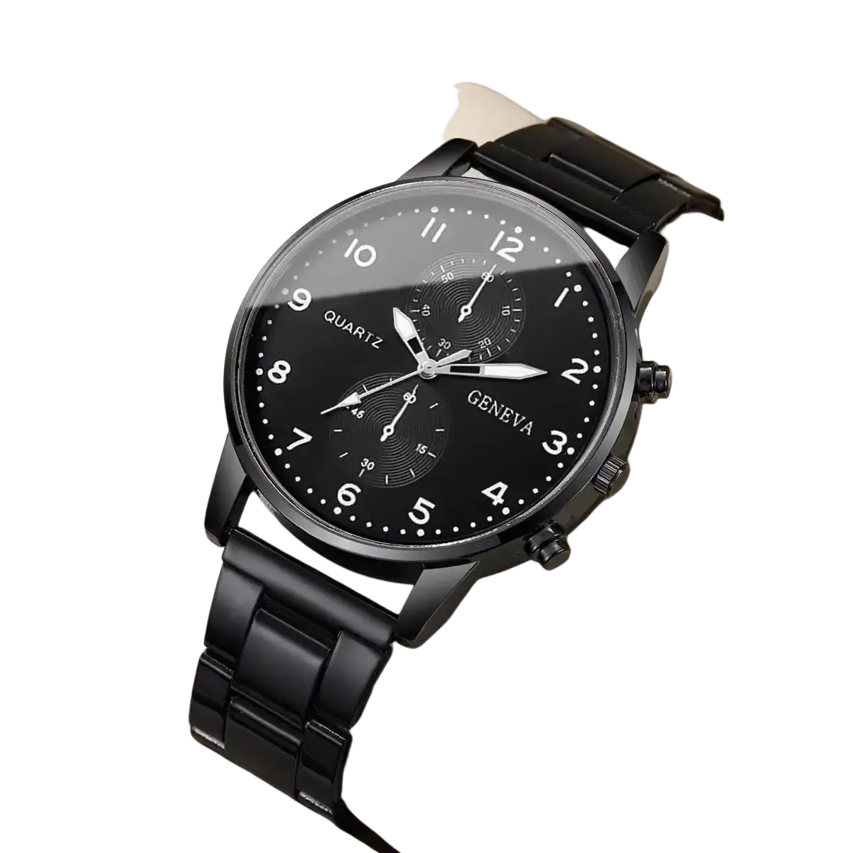 Black geneva quartz watch stainless steel chronograph with sleek minimalist black stainless steel design and white markers
